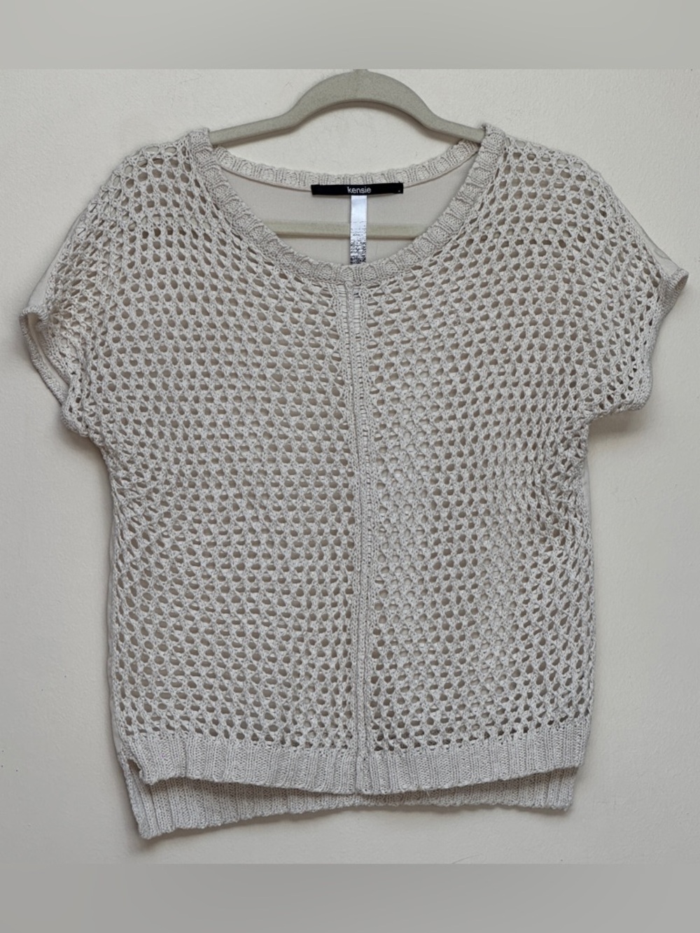 Kensie Open Knit Short‎ Sleeve Sweater Cream Crochet Lightweight Size XS